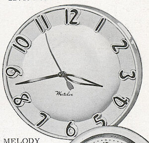 Westclox Melody Round Green Tan. 1953 John Plain Book (Catalog) of Gifts and Homewares. John Plain & Co., Chicago, IL -> 75