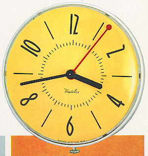 Westclox Prim Electric Wall Clock Yellow. New Models and Highlights, 1954 -> New Electric Prim, Pittsfield, Sleepmeter
