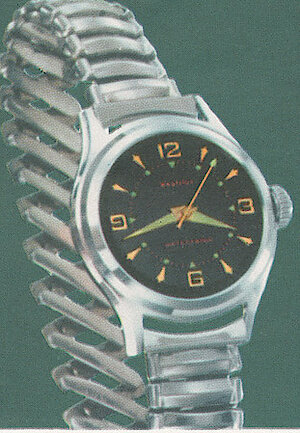 Westclox Wrist Ben Style 4a Black Dial Metal Expansion Band. 1958 Westclox Catalog; Westclox; La Salle; Illinois; Division of General Time Corporation -> 10