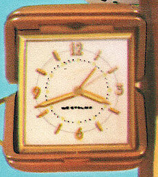 Westclox Travette Tan 1959. 1959 Westclox Introductions; Westclox Division of General Time Corporation; and Columbia Time Products; La Salle - Peru; Illinois; USA. -> Travel Clocks