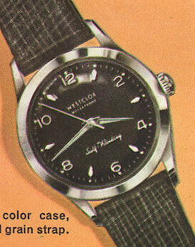 Westclox Lancer Wrist Watch Chrome Black Dial Black Strap. 1959 Westclox Introductions; Westclox Division of General Time Corporation; and Columbia Time Products; La Salle - Peru; Illinois; USA. -> Man's wrist watches, 1