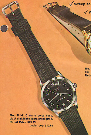 Westclox Lancer Wrist Watch Chrome Black Dial Black Strap. 1959 Westclox Introductions; Westclox Division of General Time Corporation; and Columbia Time Products; La Salle - Peru; Illinois; USA. -> Man's wrist watches, 1