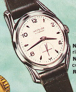 Westclox Shadow Thin White Case Waterproof Strap. 1959 Westclox Introductions; Westclox Division of General Time Corporation; and Columbia Time Products; La Salle - Peru; Illinois; USA. -> Man's wrist watches, 2