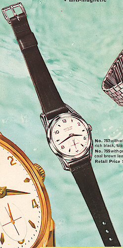 Westclox Shadow Thin White Case Waterproof Strap. 1959 Westclox Introductions; Westclox Division of General Time Corporation; and Columbia Time Products; La Salle - Peru; Illinois; USA. -> Man's wrist watches, 2