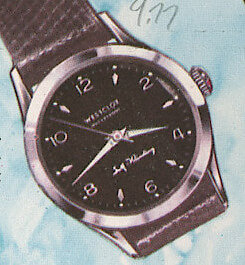 Westclox Lancer Wrist Watch Chrome Black Dial Black Strap. 1959 Westclox Watch Catalog -> 2