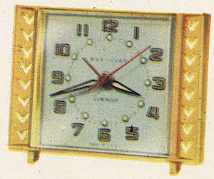 Westclox Tide Electric Yellow Bird Wing Pattern. Westclox 1959 - 1960 Keywound and Electric Clocks Catalog -> 5