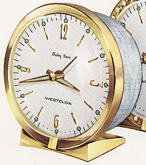 Westclox Baby Ben Deluxe Style 7 Brass Bezel Base Silver Florentine Back Luminous. Westclox 1960 New Product Sheets -> Baby Ben Luxury Models, Brushed silver back, sequins and pink back, polished brass back, all with silver dial with radial numerals 3, 6, 9 and 12.