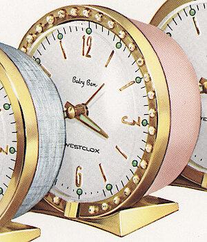 Westclox Baby Ben Deluxe Style 7 Pink Back Sequin Brass Base. Westclox 1960 New Product Sheets -> Baby Ben Luxury Models, Brushed silver back, sequins and pink back, polished brass back, all with silver dial with radial numerals 3, 6, 9 and 12.