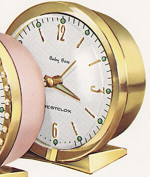 Westclox Baby Ben Deluxe Style 7 Solid Brass Luminous. Westclox 1960 New Product Sheets -> Baby Ben Luxury Models, Brushed silver back, sequins and pink back, polished brass back, all with silver dial with radial numerals 3, 6, 9 and 12.