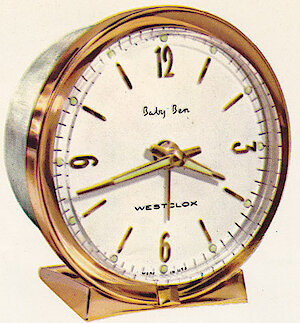 Westclox Baby Ben Deluxe Style 7 Brass Bezel Base Silver Florentine Back Luminous. 1963 - 1964 Westclox Clock and Watch Catalog, USA; Westclox; LaSalle - Peru Illinois -> 5