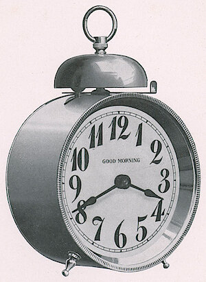 Westclox Good Morning Standard Alarm Style. Good Morning Alarm Clocks and Watches by Shapleigh Hardware Co., St. Louis, Missouri. -> 1-2