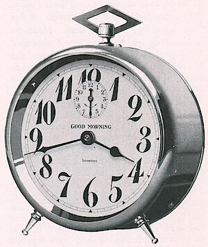 Westclox Good Morning Sleepmeter Intermittent Style. Good Morning Alarm Clocks and Watches by Shapleigh Hardware Co., St. Louis, Missouri. -> 5-6