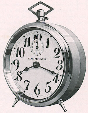 Westclox Good Morning Bingo Style. Good Morning Alarm Clocks and Watches by Shapleigh Hardware Co., St. Louis, Missouri. -> 7-8