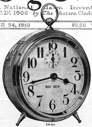 Westclox Big Ben Style 1 Nickel. 1910-09-24-p39-SP. September 24, 1910 Saturday Evening Post, p. 39.