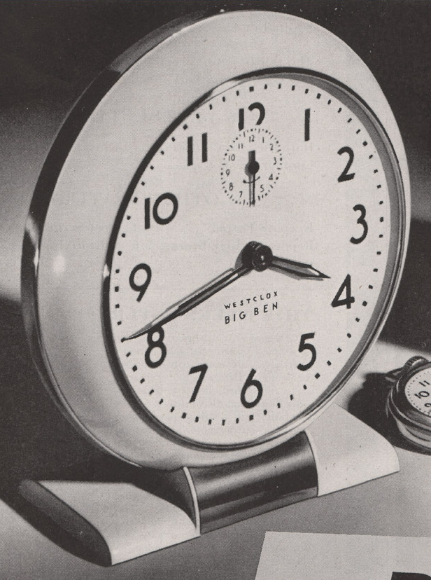 Westclox Big Ben Style 5 Chime Alarm Ivory Plain 1945-7-7-p1-SP. July 7, 1945 Saturday Evening Post, p. 1<strong>Photo Title: </strong>Doesn't say "Chime alarm" on the dial<br>