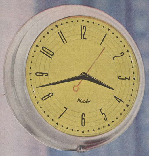 Westclox Manor Style 2 White Case Red Dial 1954-6-5-p87-SP?. June 5, 1954 may be Saturday Evening Post, p. 87
