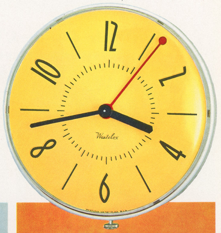 Westclox Prim Electric Wall Clock Yellow New Models and Highlights, 1954 -> New Electric Prim, Pittsfield, Sleepmeter