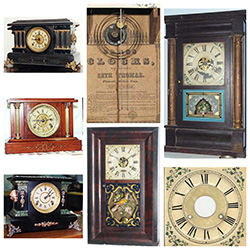 Collage of Seth Thomas Adamantine mantel clocks and one day weight clocks