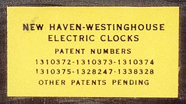 Label of New Haven Westinghouse electric clock with automatic control