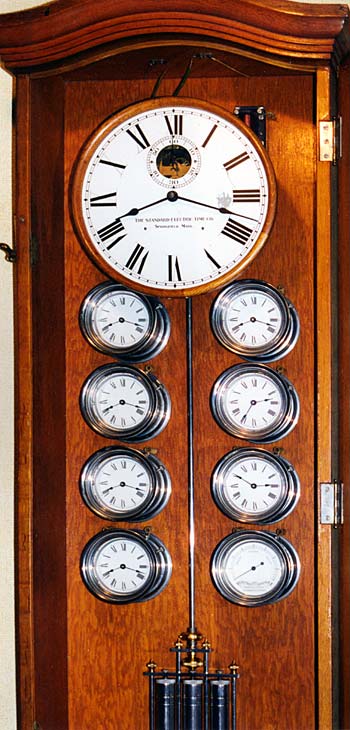 Detail of circa 1920 special order master clock containing mercurial pendulum, 7 pilot clocks and battery gauge