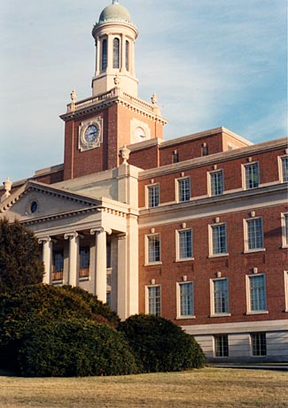 Exterior view of tower clock at the home office of MassMutual Life Insurance Co., Springfield, Massachusetts