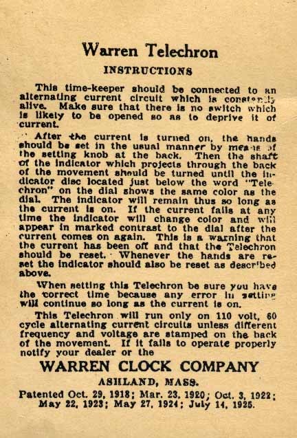 Instructions to Warren Clock Co. synchronous electric clock ca. 1925