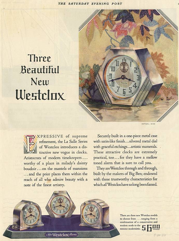 Saturday Evening Post Advertisement from September 20, 1930. Illustrates the three non-luminous Dura Case clocks, models 61-C, 61-D, and 61-F.