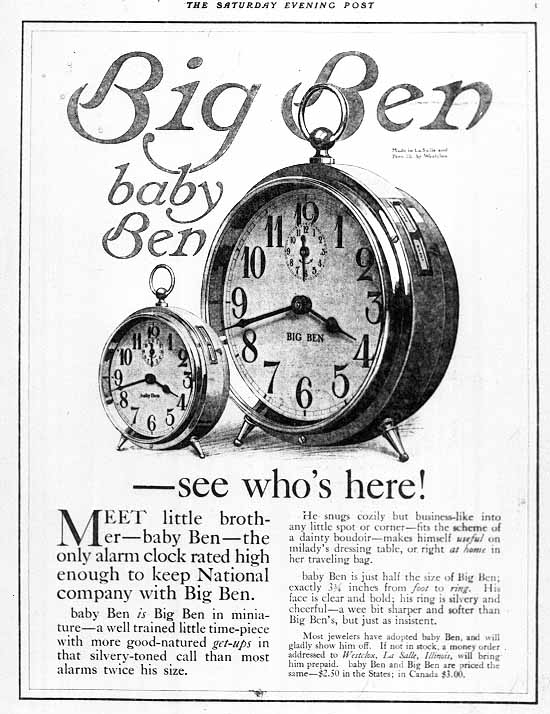 The first ad showing baby ben alarm clock: Sept. 25, 1915 Saturday Evening Post