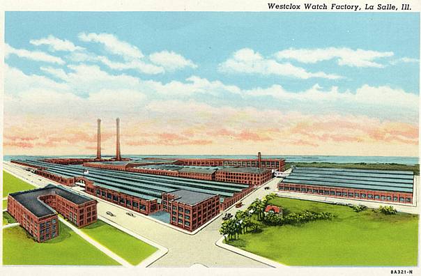 Undated color postcard of the Westclox factory