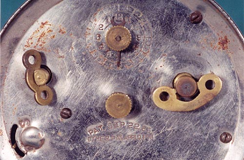 Back of Nine O'clock Washing Tea advertising clock showing the Sept. 22, 1885 patent.