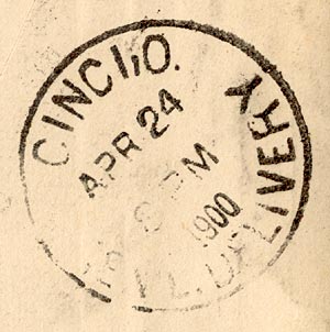 Cancellation on back of envelope, Gen. Delivery, Cinc. O. Arp 24 8 PM 1900.