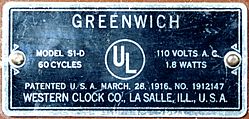 Nameplate on back of Greenwich Style 1 